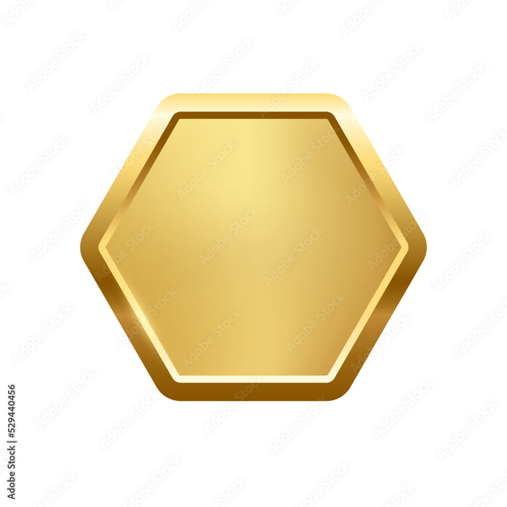 Poster gold hexagon button with frame vector illustration. 3d golden glossy elegant design for empty emblem