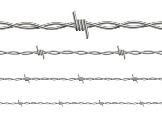 3D metal barbed wire with sharp barbs, steel thorns and spikes, seamless pattern set