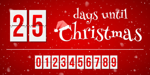 Countdown of days until Christmas, advent calendar with flip numbers template vector illustration. Red and white text with Santa hat and Christmas holiday and events counter with numbers from 0 to 9