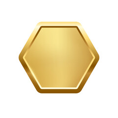 Gold hexagon button with frame vector illustration. 3d golden glossy elegant design for empty emblem, medal or badge, shiny and gradient light effect on plate isolated on white background