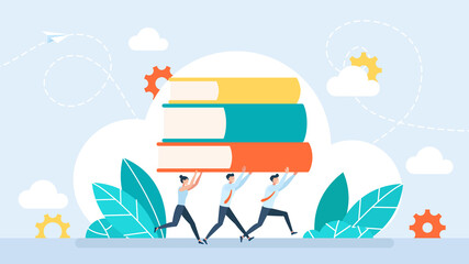 People run with books in his hands. A team of teachers. Education concept. Young man and woman student. Reading study. Self education. Late, assimilate information quickly. Cartoon illustration