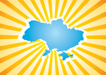 The map with colors of flag of Ukraine. Rays of sun. Sunrise. Vector graphics.