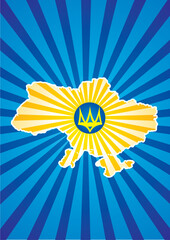 The map of Ukraine on a rays background. In center - yellow trident. Vector graphics.