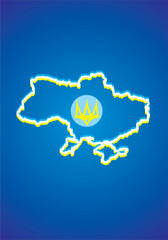 Ukraine map, yellow silhouette with rays. In the center with a blue circle with yellow trident. Vector graphics