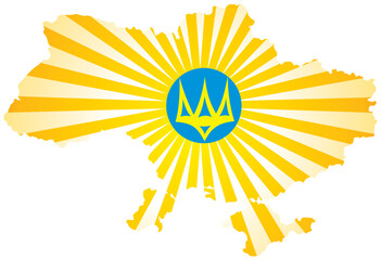 The map of Ukraine with rays. In center blue round with trident. Vector graphics