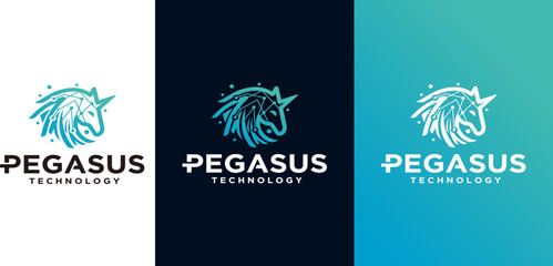 Pegasus technology horse logo icon design template. Pegasus technology logo in blue gradient color