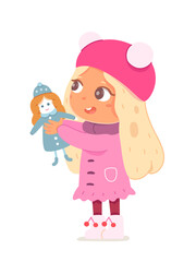 Adorable girl holding doll, isolated cute kid in pink coat, warm hat and boots walking