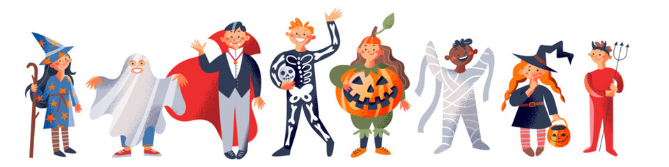 Halloween party and kid character set, cute children have fun in scary spooky costumes