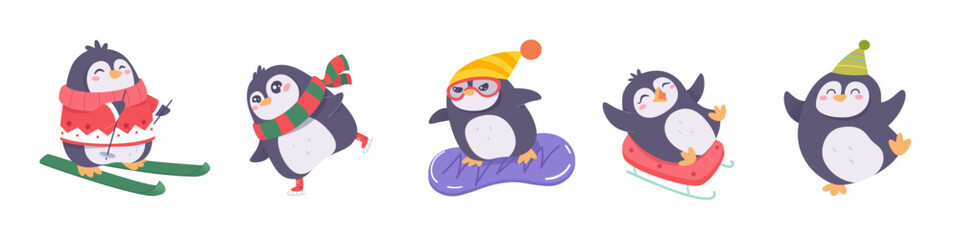 Winter activity of cute penguin characters set, baby animals with hat, scarf and sweater