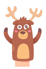 Funny deer, hand or finger puppet doll for kids show, isolated cute animal character