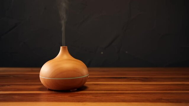 Essential aroma oil diffuser on the wooden table. Aromatherapy with air humidifier.