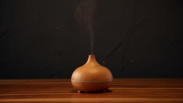 Essential aroma oil diffuser on the wooden table. Aromatherapy with air humidifier.