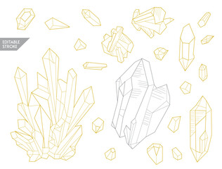 Crystal Line art. Set hand drawn editable stroke polygon shapes. Asymmetric geometry natural quarts icons. Boho outline gem clipart. Coloring book page design for adults. Vector