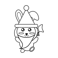 Vector coloring black and white cute rabbit in a santa hat with a bag of gifts