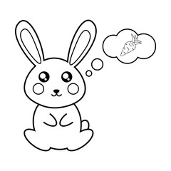 Vector coloring black and white cute rabbit dreaming of a carrot