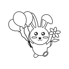 Vector coloring black and white cute rabbit with a flower and balloons