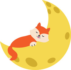 Vector illustration of sleepy orange fox and moon in cartoon style