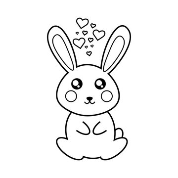 Vector coloring black and white cute rabbit with hearts