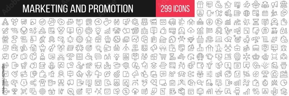 Aufkleber marketing and promotion linear icons collection. big set of 299 thin line icons in black. vector ill