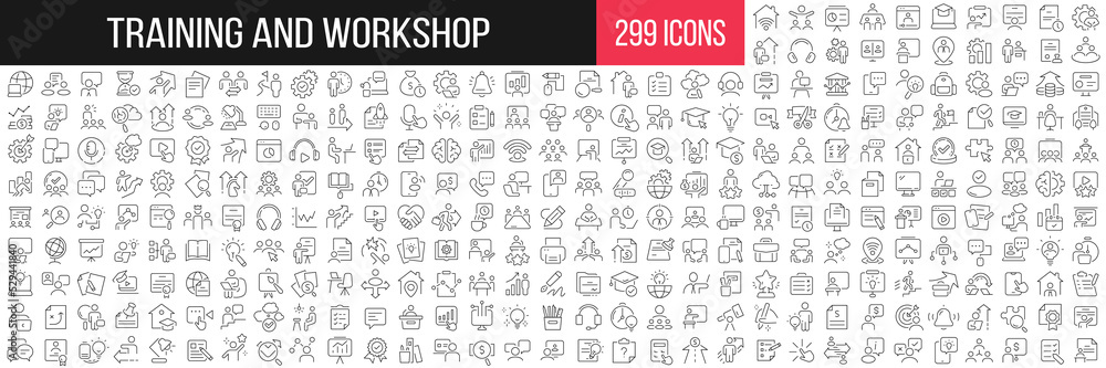 Poster Training and workshop linear icons collection. Big set of 299 thin line icons in black. Vector illustration