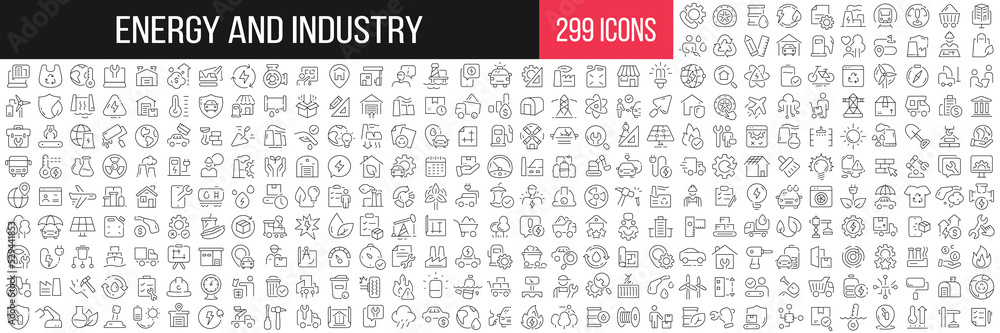 Poster energy and industry linear icons collection. big set of 299 thin line icons in black. vector illustr