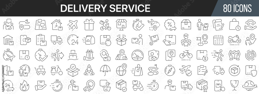 Poster delivery service line icons collection. big ui icon set in a flat design. thin outline icons pack. v