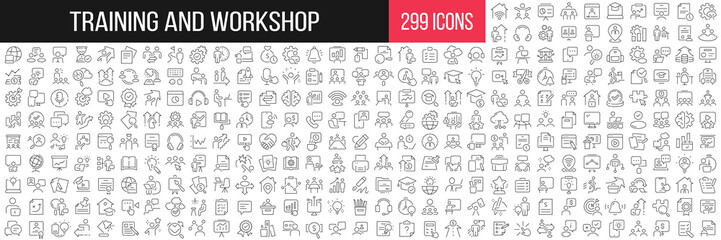 Fototapeta Training and workshop linear icons collection. Big set of 299 thin line icons in black. Vector illustration obraz