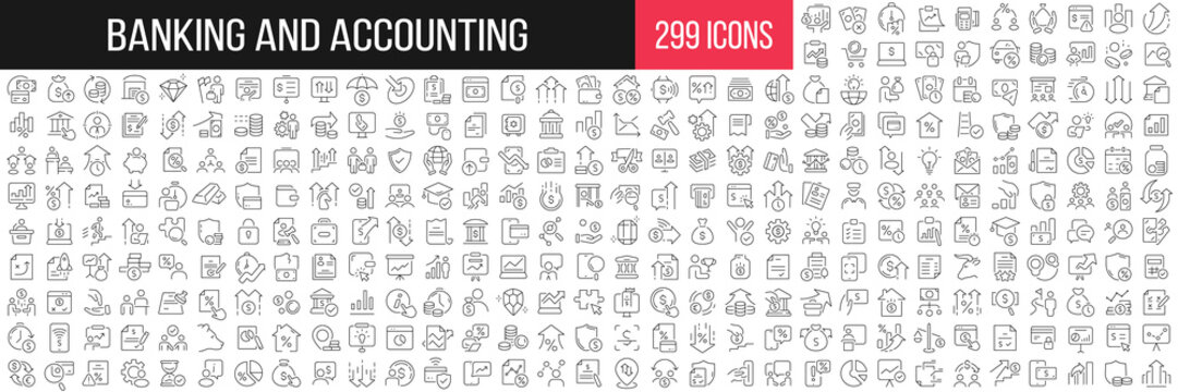 Banking and accounting linear icons collection. Big set of 299 thin line icons in black. Vector illustration