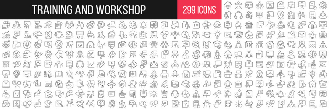 Training and workshop linear icons collection. Big set of 299 thin line icons in black. Vector illustration