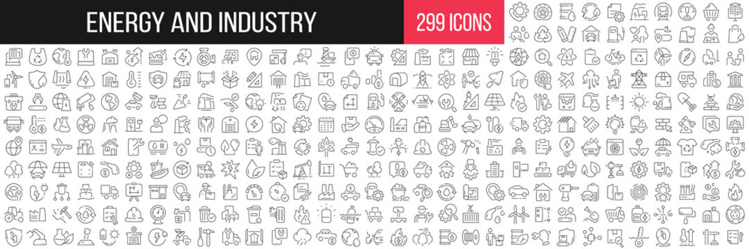 Energy and industry linear icons collection. Big set of 299 thin line icons in black. Vector illustration