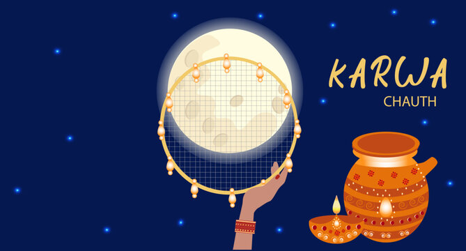 Happy Karwa Chauth festival card with a hand holding a traditionally ornate sieve in the night sky with the moon.