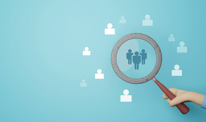 Magnifying glass looking for people icon, employee search symbol concept. Staff selection concept