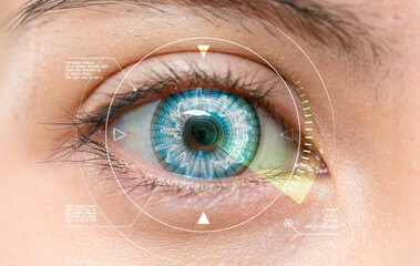Close-up Eye monitoring and treatment in medical. Biometric scan concept - 529442077