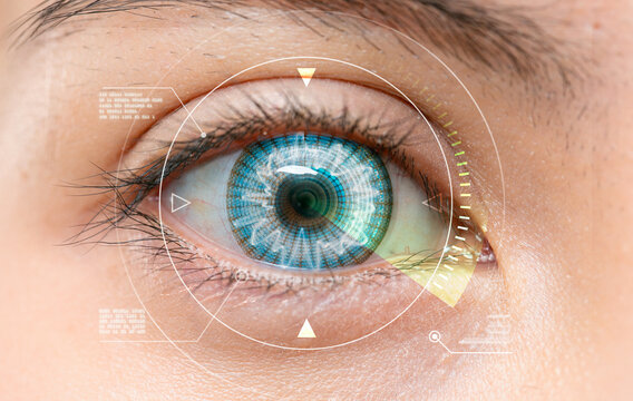 Close-up Eye monitoring and treatment in medical. Biometric scan concept