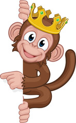 Monkey King Crown Cartoon Animal Pointing At Sign