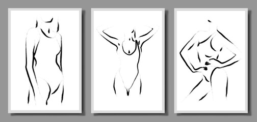 Three illustrations. Vector set of illustrations of a beautiful female body. Minimalistic linear female figure. Abstract underwear.