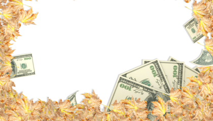 autumn leaves dry brown  yellow dollars banknotes money, space for your text , 3d  rendering