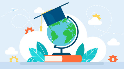 Globe with graduation cap on books. Educational tourism. Distance education. Globalization. Concept of global education, international exchange program, studying abroad. Flat illustration