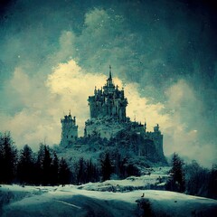 Alone as a stone cold altar. A castle in blue. Digital fantasy background. Album cover.