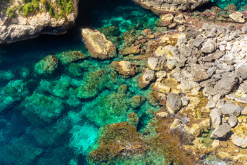 Naklejka na ściany i meble Crystal clear water in the Blue Grotto of Malta