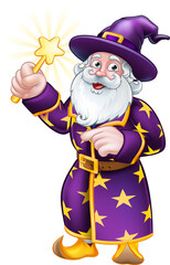 Wizard with Wand Pointing Cartoon Character