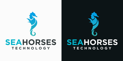 technology sea horse logo design, unique sea animal design, sea horse with technology concept