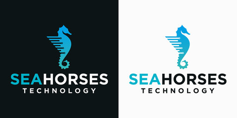 technology sea horse logo design, unique sea animal design, sea horse with technology concept