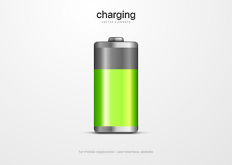 3d green battery icon. Full and half charge with lighting. 3d battery charging process symbol for UI UX, website, mobile app.