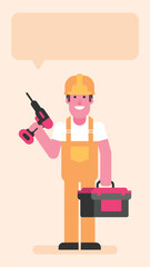 Builder holding electric screwdriver and suitcase with tools