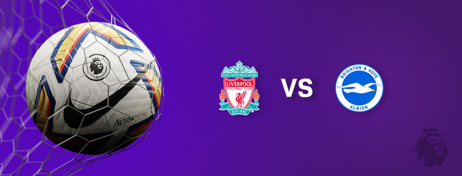 Guilherand-Granges, France - September 09. Premier League of England. Soccer ball in net with official logo of the Premier League. Match : Liverpool FC VS Brighton & Hove Albion FC. 3D rendering.