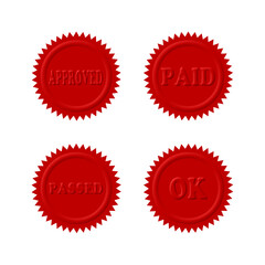 A set of 4 - 3D rendered illustrations of red business seals with text:  