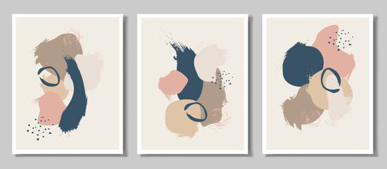 A set of three paintings. Abstract art with a wave vector. Artistic pattern in vintage style. Colored spots.