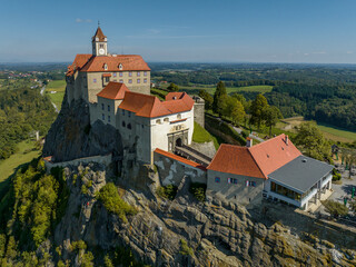 Austria - The Riegersburg castle surrounded by a beautiful landscape Located in the region of Styria from drone view