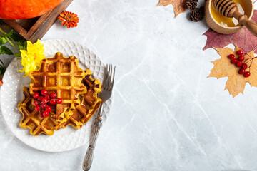 food frame for writing text with an autumn still life with pumpkins and waffles. pumpkin waffles on a bright autumn table. autumn, halloween, holidays, holiday, halloween food, autumn menu, concept.